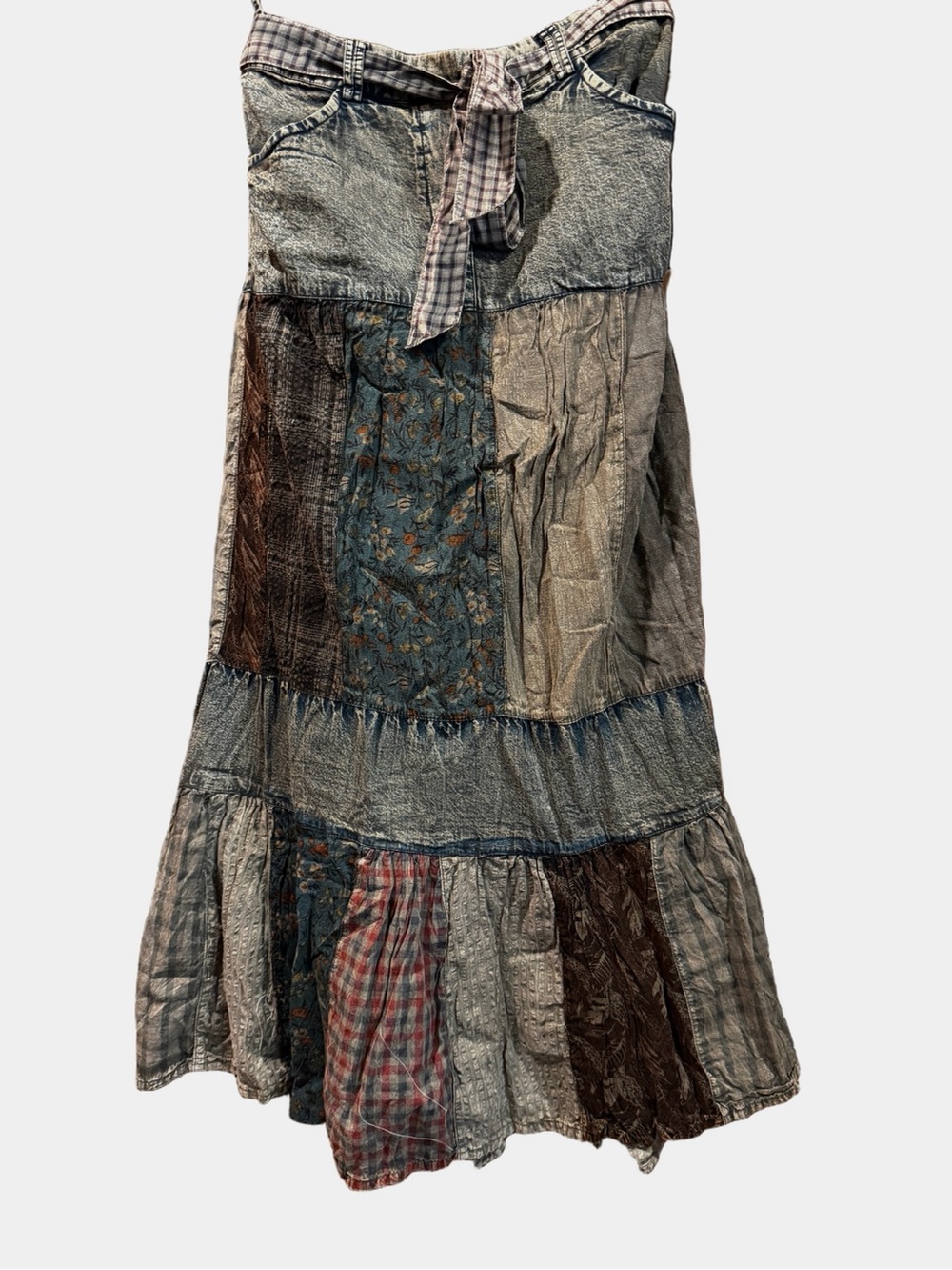 Young Threads Tiered Patchwork Maxi Skirt in Denim Blue and Earth Tones